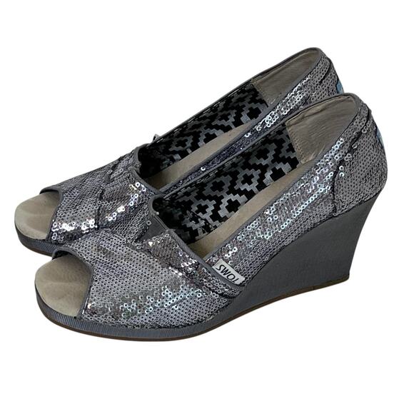 TOMS Womens Silver Sequin Peep Toe Wedge Heels Size W7 Glitter Party Shoes - Picture 5 of 12